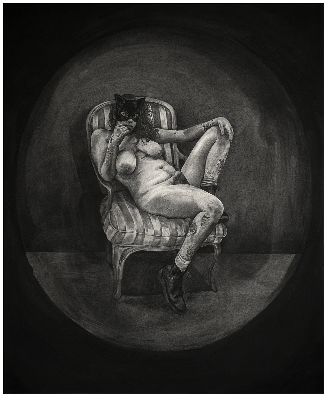 <span class='aN'>Alina Perez, </span><i>Self Portrait as Nude with Mask</i><br>charocoal on paper, 2021, 63.5 × 77.5″