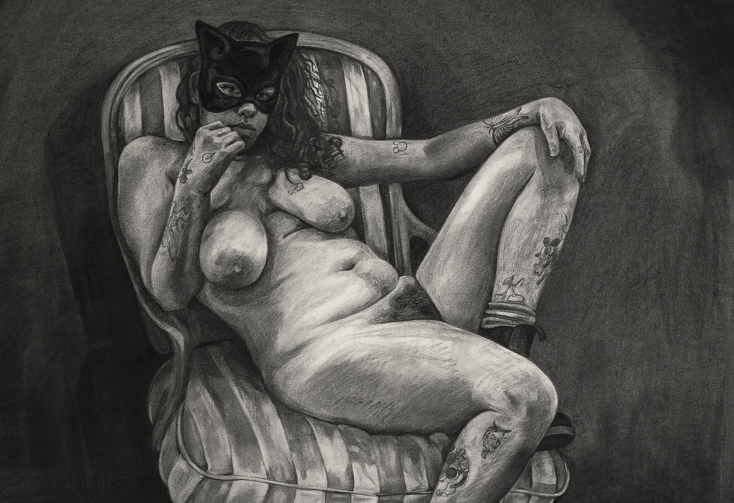 <span class='aN'>Alina Perez, </span><i>Self Portrait as Nude with Mask</i> (detail)<br>charocoal on paper, 2021, 63.5 × 77.5″